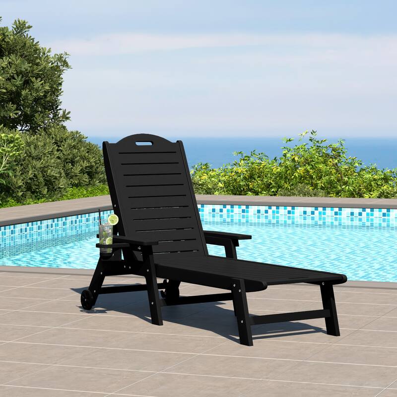 Brighton Outdoor Poly Reclining Chaise Lounge with Wheels & Cup Holder