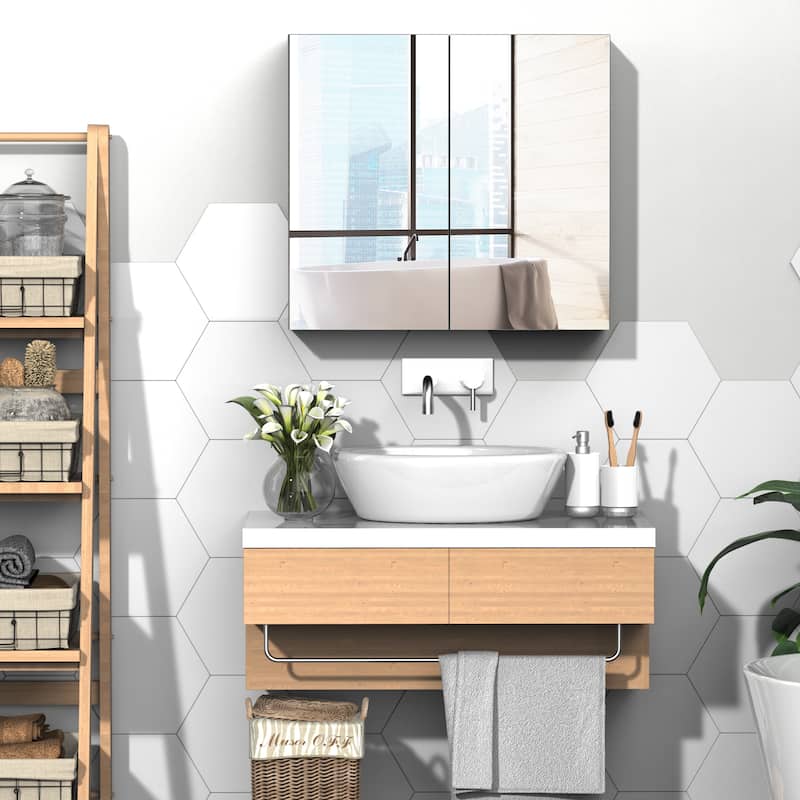 White Mirror Wall Mounted Cabinet with Glass Door and 3 Shelves for Bathroom Makeup and Storage Needs