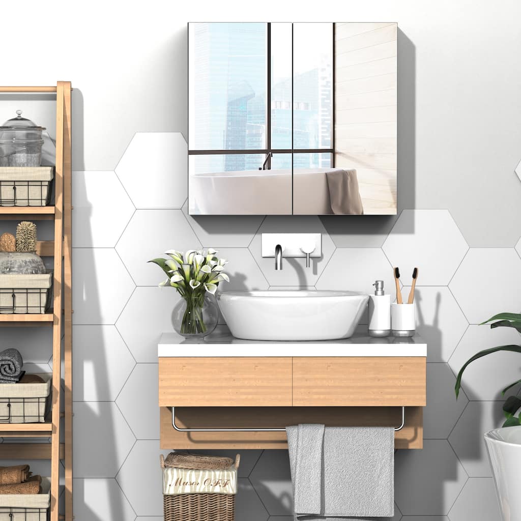kleankin Wall Mounted Bathroom Medicine Cabinet with Mirror Steel Frame and Storage Organizer Double Doors, White