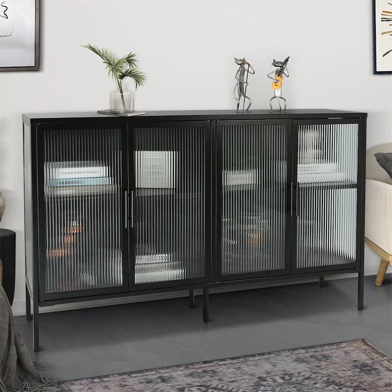 Stylish 4-Door Tempered Glass Cabinet, 4 Glass Doors Adjustable Shelf