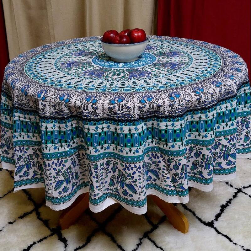 Mighty Elephant and Peacock Print Cotton Tablecloth Round - Teal