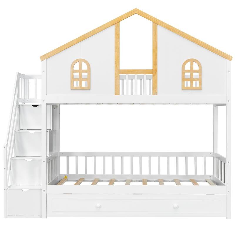 Fairytale Bunk Bed with Window Door House-shaped Roof Frame and Storage Staircase, Optional with Storage Drawers or Trundle Bed