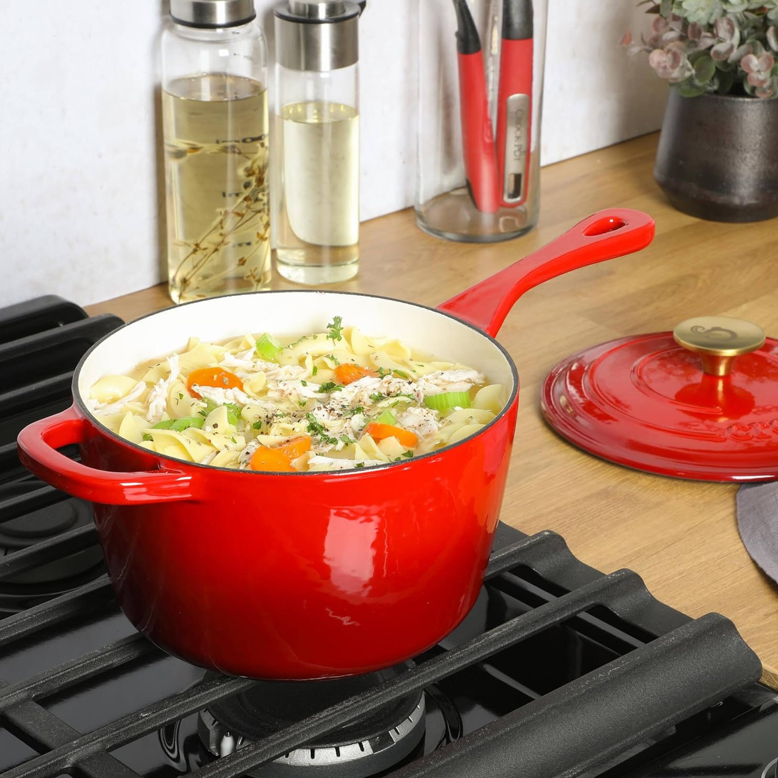 CrockPot Artisan 3 Quart Enameled Cast Iron Saucepan with Lid in Red
