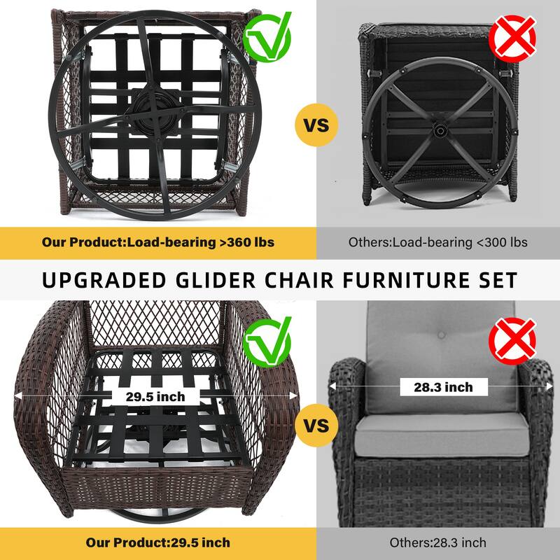UPHA 5-Piece Patio Outdoor Wicker Swivel Rocking Chair Set with Side Table and Cushions