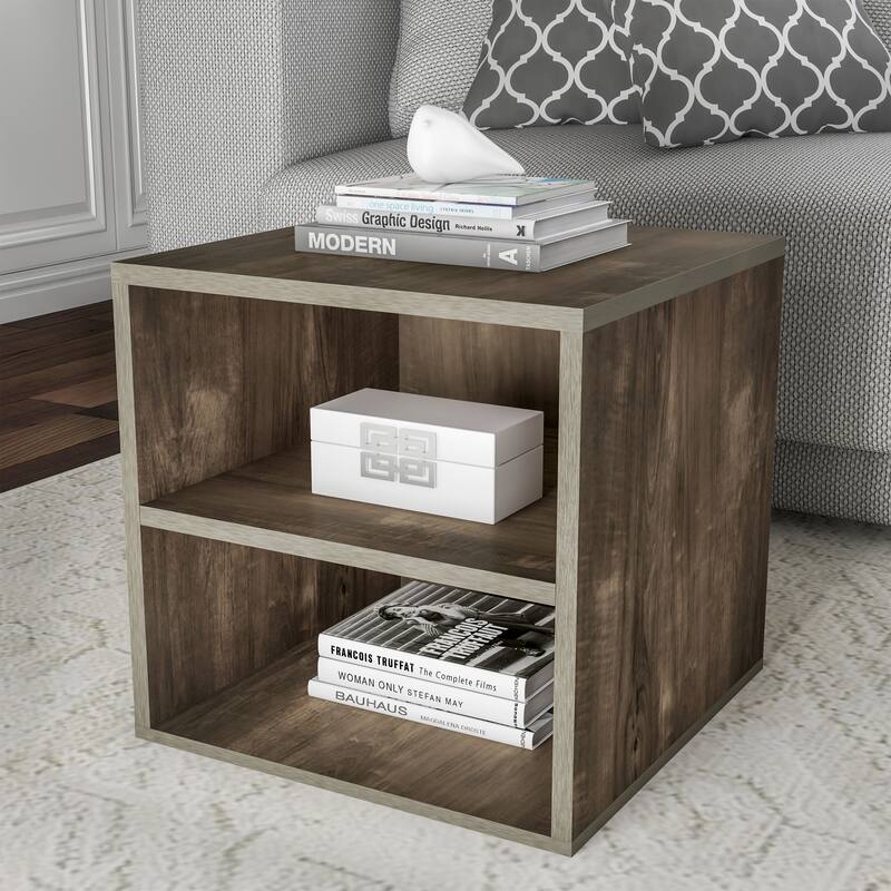 Hastings Home Stackable Modular Cube End Table Contemporary Minimalist Modular Accent Piece with 2 Shelves - Grey