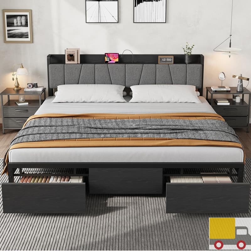 Platform Bed with Charging Station, Storage Drawers