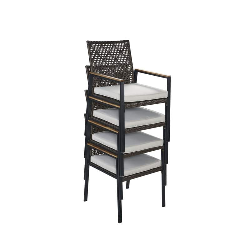 All Weather 5-Piece Patio Dining Table Sets, Patio Conversation Set Acacia Wood Table Top with Umbrella Hole, Rattan Outdoor