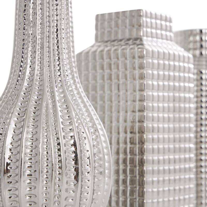 Ceramic Geometric Dimensional Textured Decorative Vase with Varying Shapes - Set of 3 Gold, Silver, Cream - Roche River Decor
