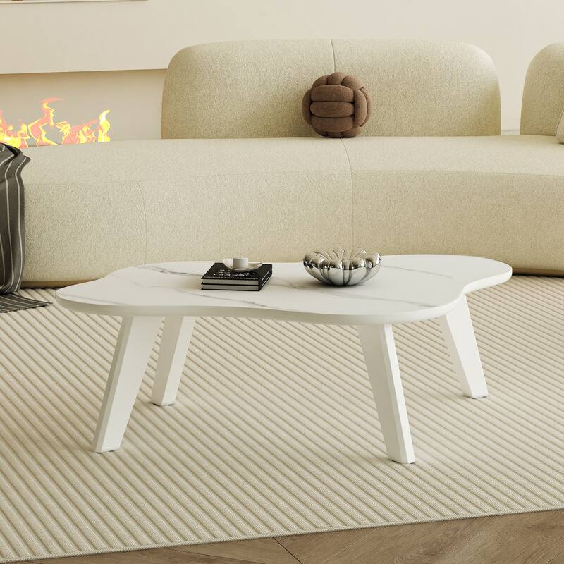 Modern Minimalist Imitation Marble Tabletop Coffee Table. Solid Wood Spray Painted Desk Legs, Cloud Shape