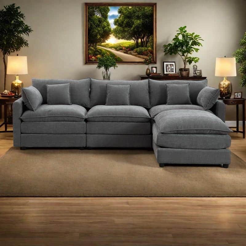 99" Chenille L-Shaped Sectional Sofa with Ottoman and 3 Seater - Grey