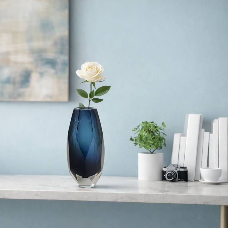 Blue Art Deco Cut Glass Vase with Faceted Base Modern Decor Accent