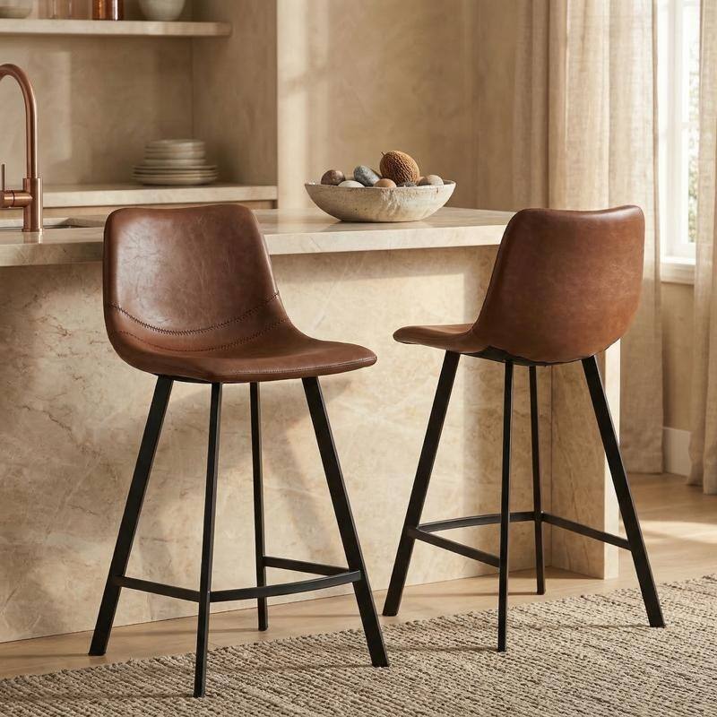 Elland Modern Minimalist Leather Upholstered Bar Stool with Accent Black Metal Base and Back Support for Home Bar or Kitchen