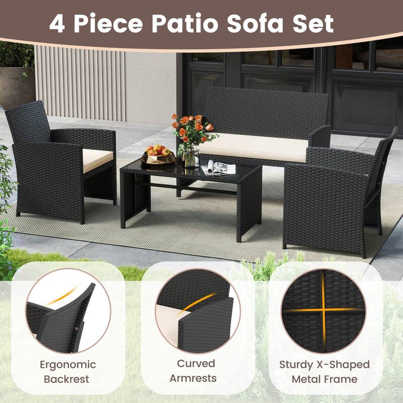 Costway 4 PCS Patio Conversation Set with Seat Cushions & Tempered - See Details