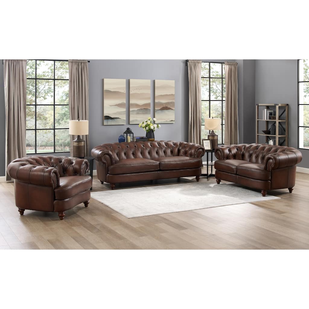 Hydeline Newport Top Grain Chesterfield Leather Sofa Set, Sofa, Loveseat and Chair
