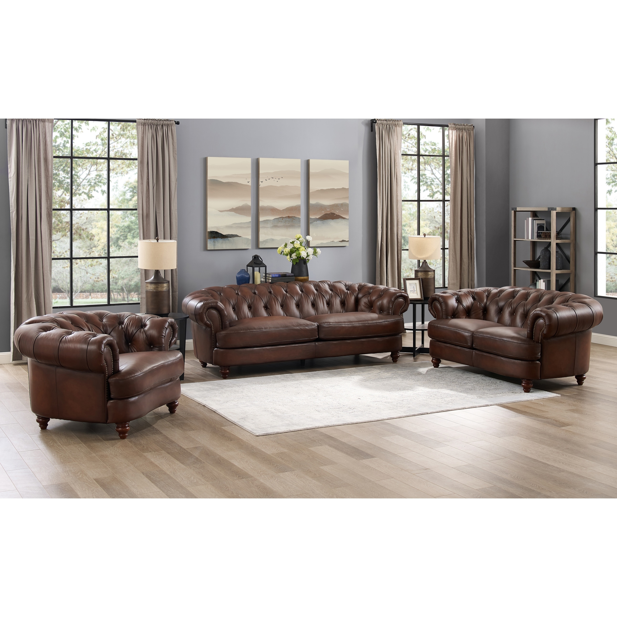Hydeline Newport Top Grain Chesterfield Leather Sofa Set, Sofa, Loveseat and Chair