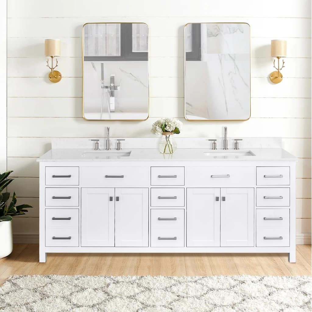 Prismatica Double Sink Bathroom Vanity 84 in White, Marble Countertop & Splash