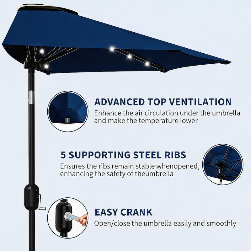 9ft Outdoor Patio Half Umbrella, with Solar LED Lights and Smooth Crank Lift