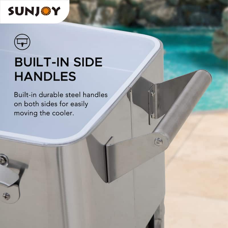80 QT Patio Cooler Cart ,Stainless Steel Rolling Ice Chest with Steel Bottle Opener, Shelf and Lockable Wheels Sunjoy