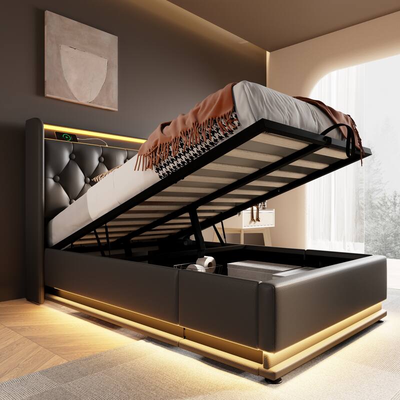 Black Twin Size Upholstered Bed with 360 LED Function & USB Charging