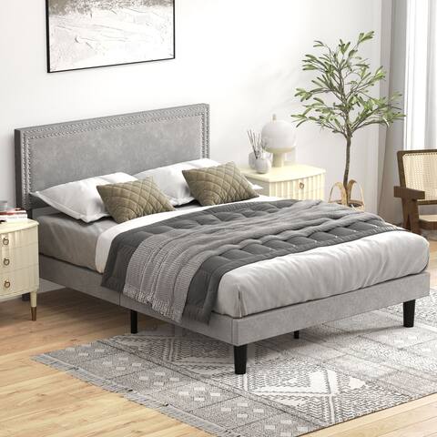 VECELO Height Adjustable Upholstered Platform Bed with Tufted Nailhead Trim Headboard,Twin/Full/Queen Size Beds-Grey