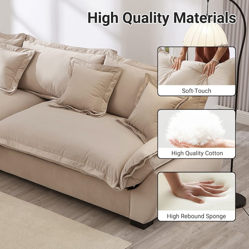 Modular Spacious Deep Seating Velvet Sofa with Storage, Removable Cushion Covers, Pillow Top Arms, Solid Wood Frame and Pillows