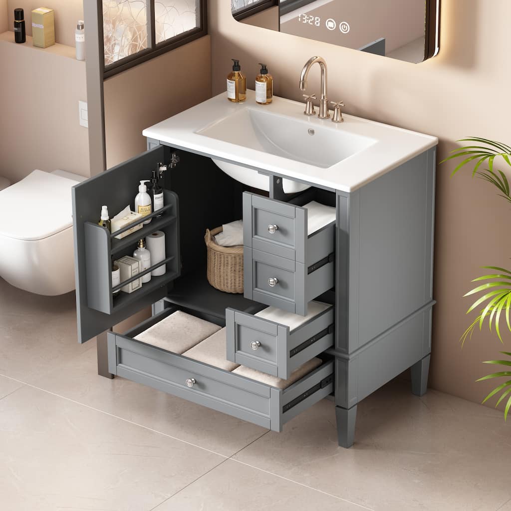 Bathroom Vanity with Ceramic Sink, Bathroom Cabinet with Soft Closing Doors, Vanity Set with 2-Tier Storage Rack and 3 Drawers