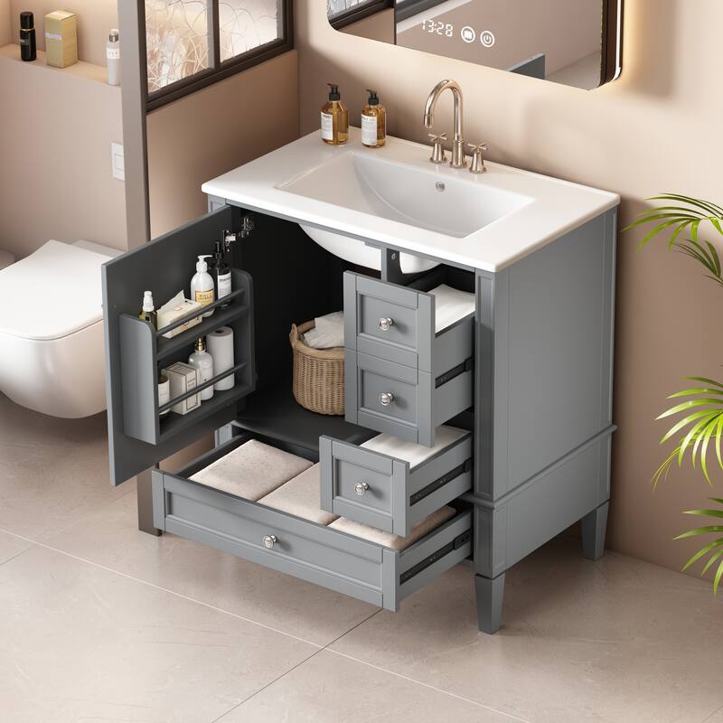 GDFStudio - Melshire Modern Freestanding Bathroom Vanity with Ceramic Sink and 3 Drawer Storage, Ideal for Home - 30'W