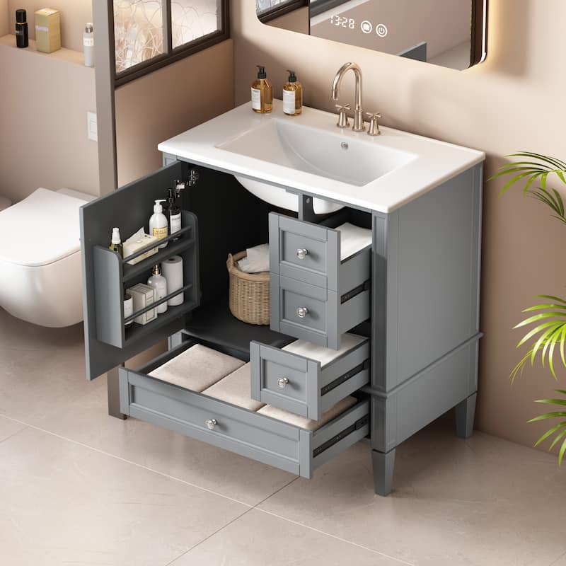 GDFStudio - Melshire Modern Freestanding Bathroom Vanity with Ceramic Sink and 3 Drawer Storage, Ideal for Home - 30'W