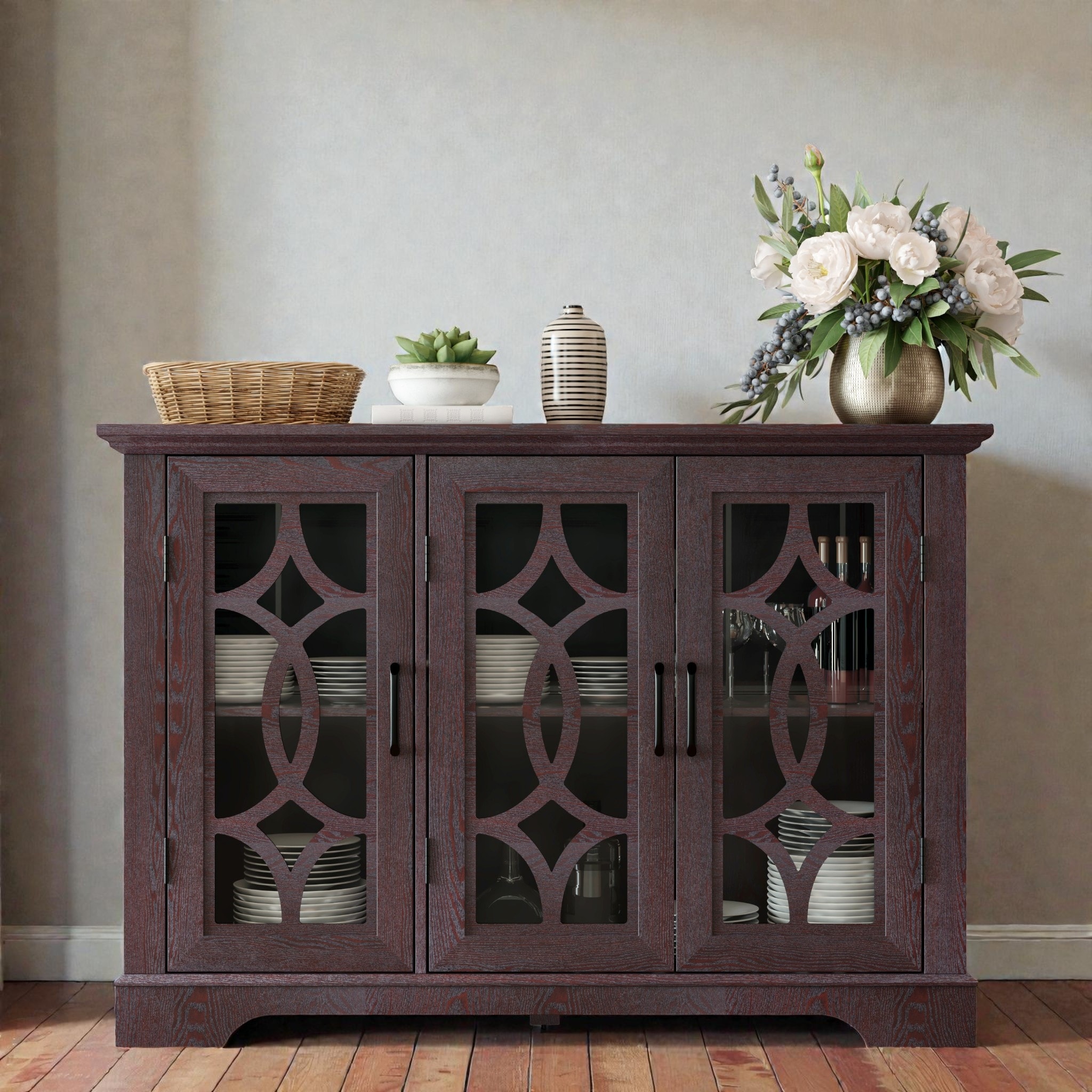 48" Sideboard with 3 Tempered Glass Doors, Adjustable Shelf Buffet Storage Cabinet for Dining Room, Kitchen, or Living Room