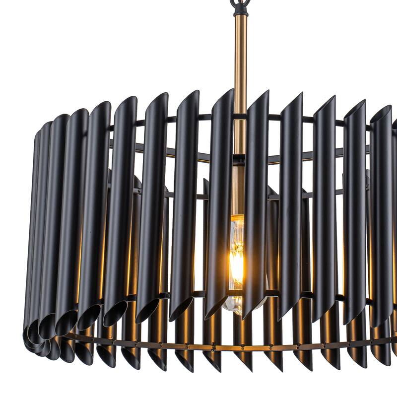 Modern Industrial Black Slatted Drum Pendant Light Fixture - Dia.19.69-in