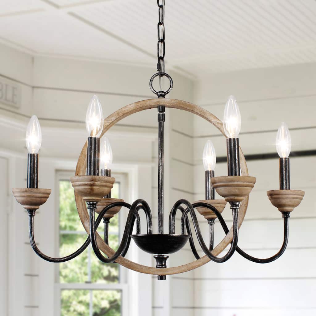 Oaks Aura French Country 6-Light Wood Chandelier Candle Style Rustic Farmhouse Shabby Chic Pendant Ceiling Light
