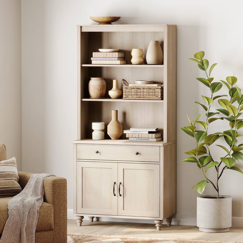 Light Beige Bookcase with Doors, Large Wood Farmhouse Book Case Shelf - 1 drawer and 2 drawers