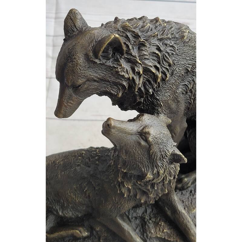 Two Wolves Wolf Family Bronze Metal Sculpture Statue On Marble Base 14 Inches X 14 Inches
