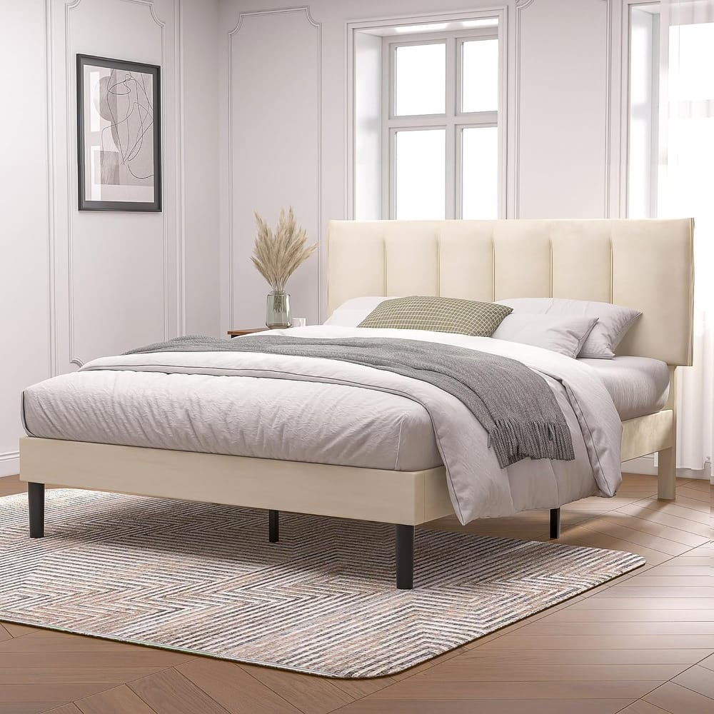 Upholstered Velvet Upholstered Bed Frame with Adjustable Height Headboard No Box Spring Needed Platform Bed Under Bed Storage