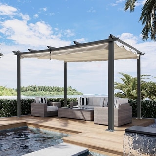 Beige 13 x 10 ft Outdoor Patio Pergola with Retractable Canopy, Durable Aluminum Frame, Premium Polyester Material