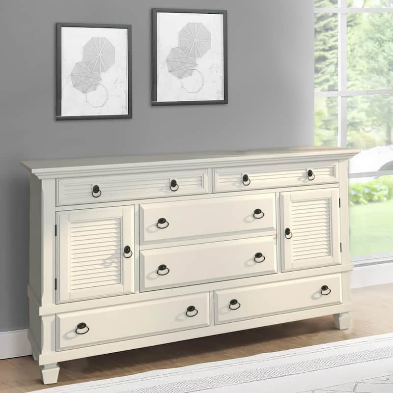 62" White Pine Wood Dresser with 6 Drawer and 2 Cabinet - White - 6-drawer