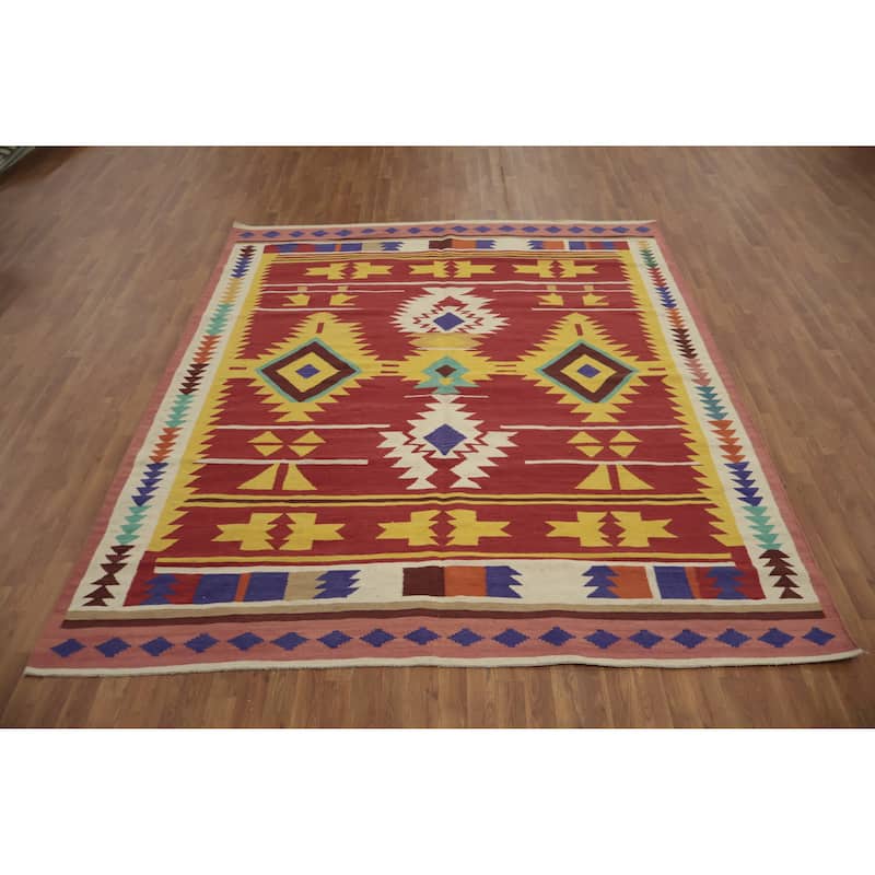 Hand Woven Oriental 100% Wool Carpet Southwestern Tribal Oranges & Rust Kilim Area Rug - 9' 7'' X 8' 2''