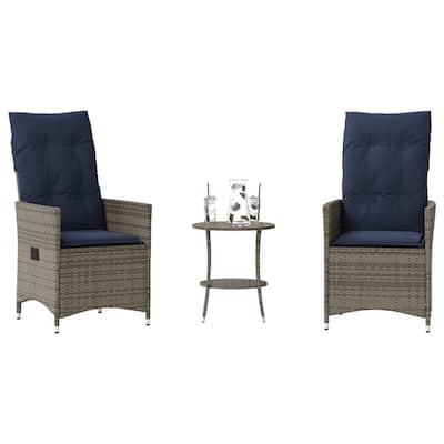 vidaXL 3 Piece Bistro Set with Cushions Gray Poly Rattan - 22.0 x 23.2 x 36.2
