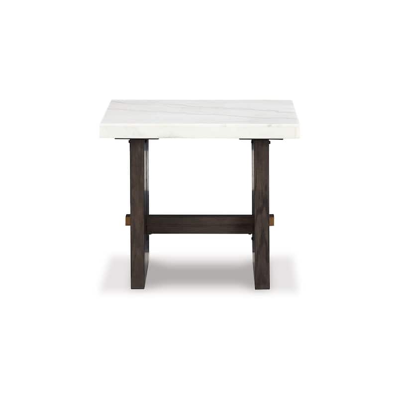 Haus Side End Table, Marble Top, Panel Legs, 26 Inch Brown Solid Wood