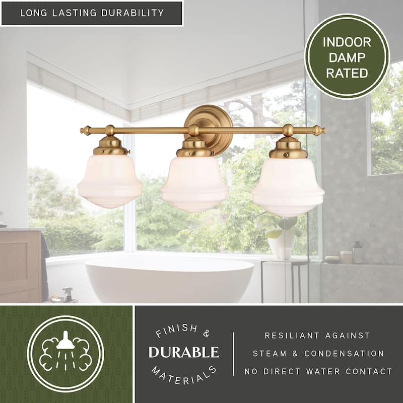 Huntley Gold Brass Bathroom Vanity Wall Light Fixture White Schoolhouse Glass