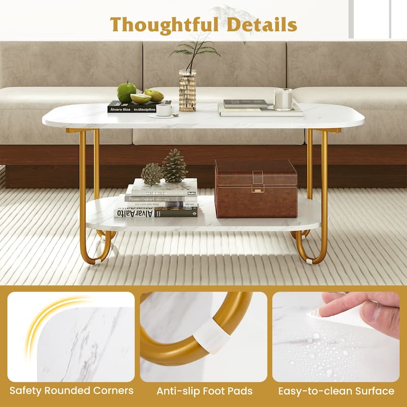 Gymax Faux Marble Top Coffee Table w/Metal Frame Rounded Corners &