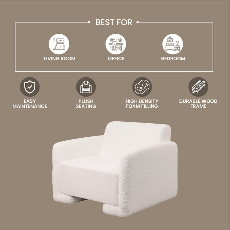 Nyta Mid-Century Accent Armchair in Deep Foam Seat, Boucle or Linen Upholstery, and Plastic Glides with Solid Wood Support