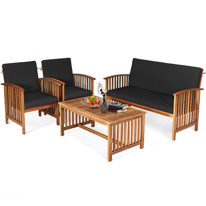 Costway 4PCS Patio Solid Wood Furniture Set Conversation Coffee Table - 4-Piece Sets