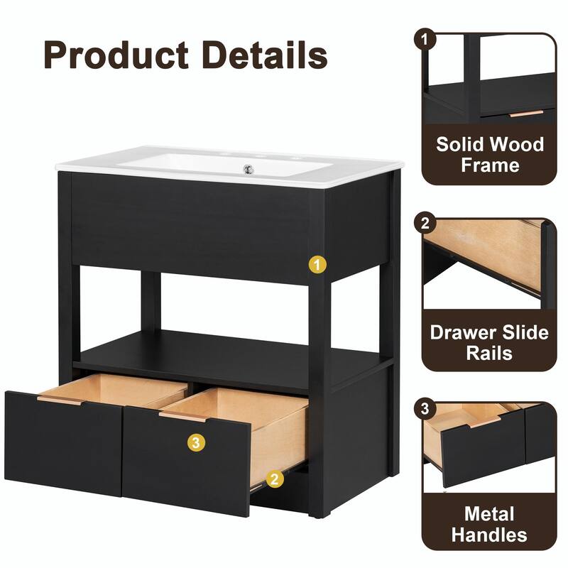 30" Bathroom Vanity with Sink Top, Open Storage Shelf, Two Drawers