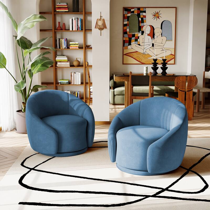 34" Wide 2 Set Velvet/ Boucle Barrel Swivel Chair - Blue-Velvet
