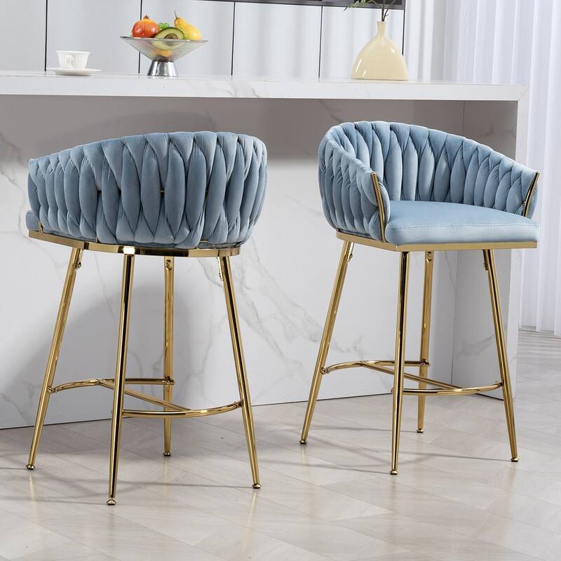 (Set of 1) 26" Velvet Counter Height Bar Stool with Wave Back, Golden Chrome Base and Footrest