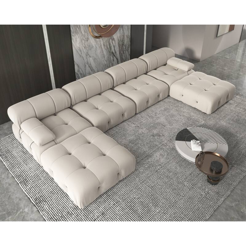 Velvet Sectional Sofa Reversible Modular Couch - Beige 6-seat