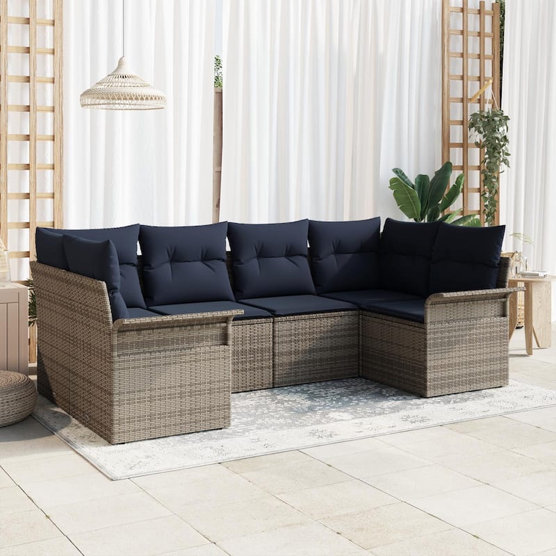 vidaXL 6 Garden Sofa Set with Cushions Black/Brown/Grey Poly Rattan - 92.1 x 52.2 x 27.2 - Grey