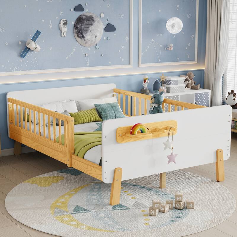 Kids Wood Platform Bed with Guardrails, Bottle Holder and 2 Hanging Rod, Convertible Toddler Daybed, Low Profile Design Frame