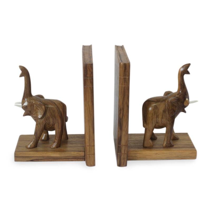 Handmade Good Luck Elephant Wood bookends (Ghana ) - 7.75" H x 12.25" W x 5.25" D